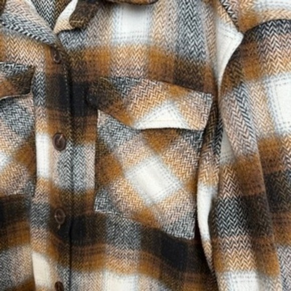 Unisex Plaid Shacket Oversized Button Up Shirt Jacket Brown Cream XL Cozy Rustic - Picture 3 of 9